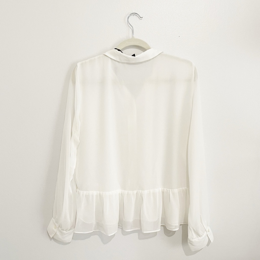 NWT DKNY Semi-Sheer Pleated Ruffle Hem Button Down Blouse Shirt L - Picture 2 of 8